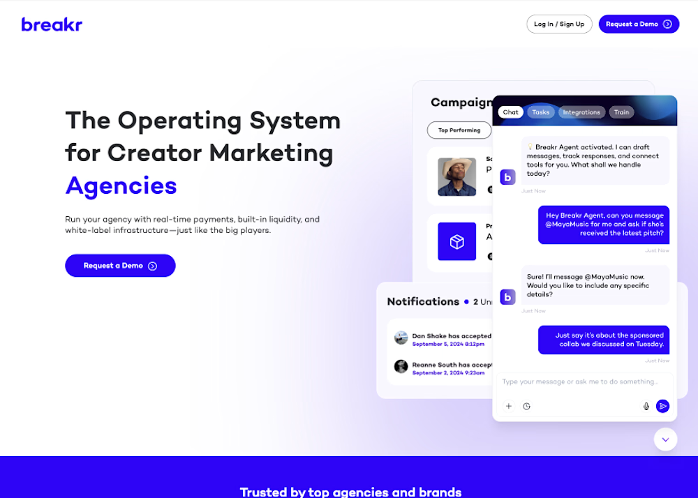 Breakr Agent creator campaign platform interface