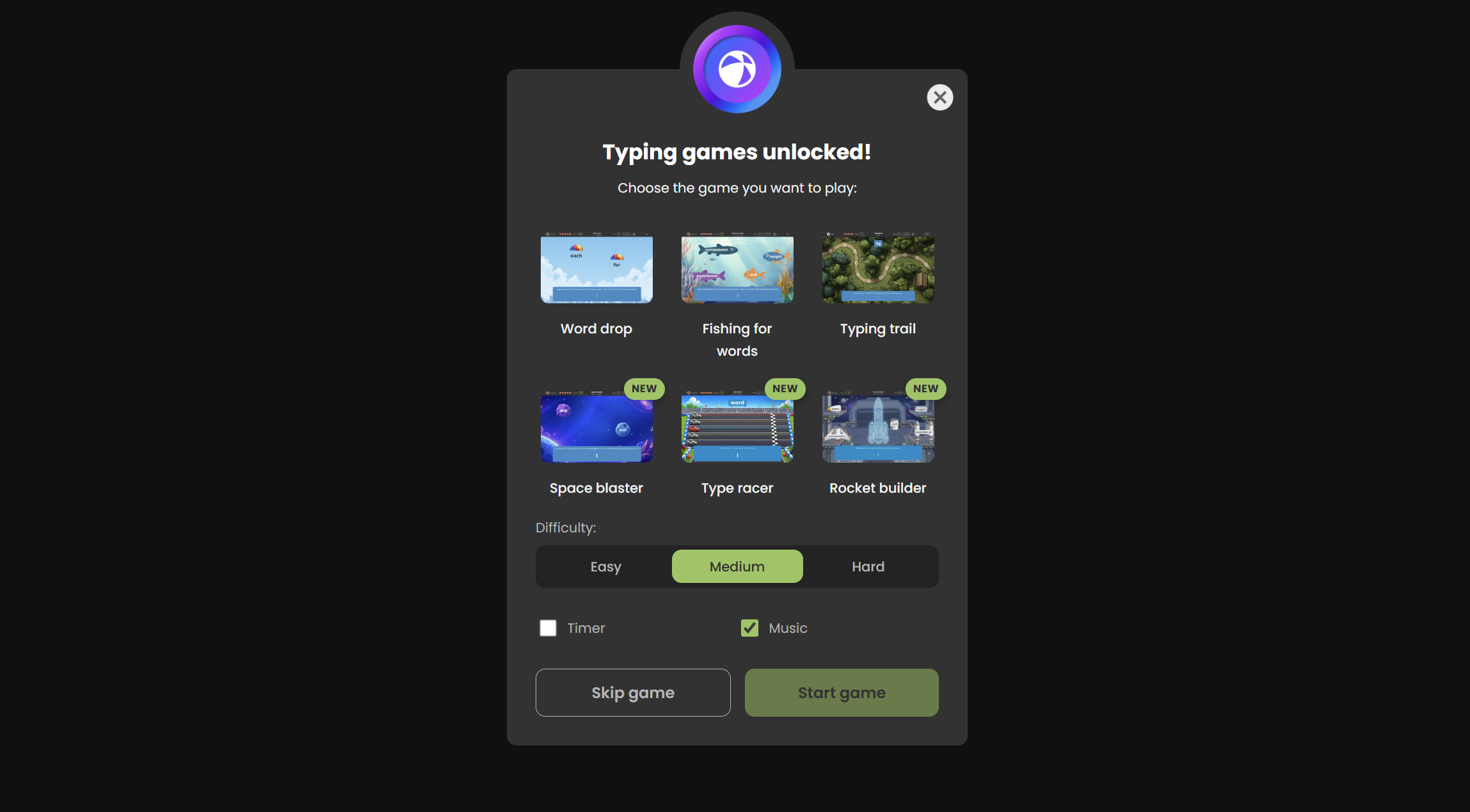 TTRS typing and spelling game interface
